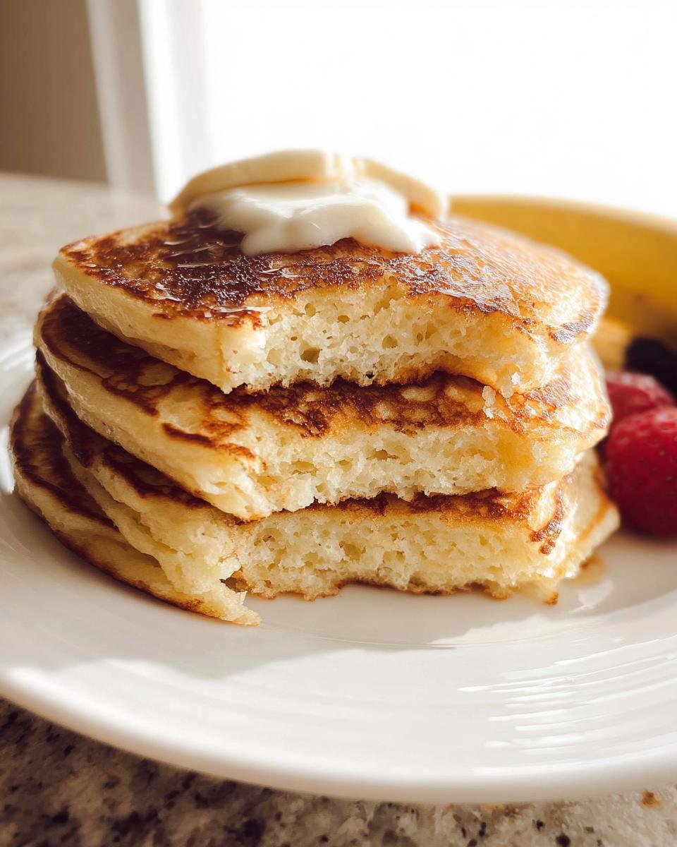 Close-up of a stack of fluffy Protein Pancakes Fluffy with a bite taken out, topped with yogurt and banana slices.