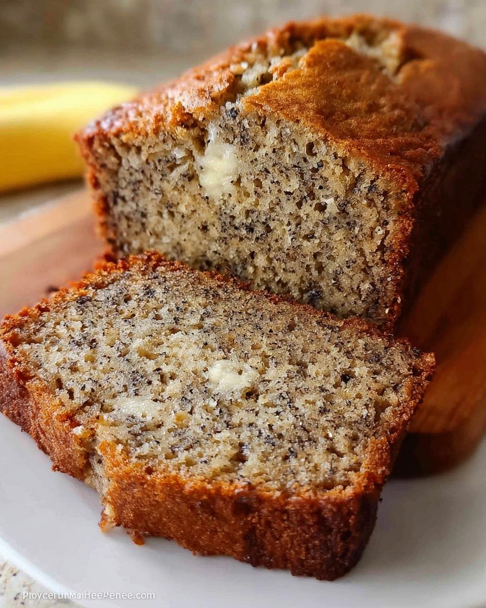 A close-up shot of a slice from a foolproof banana bread recipe, showing its moist texture and banana specks.