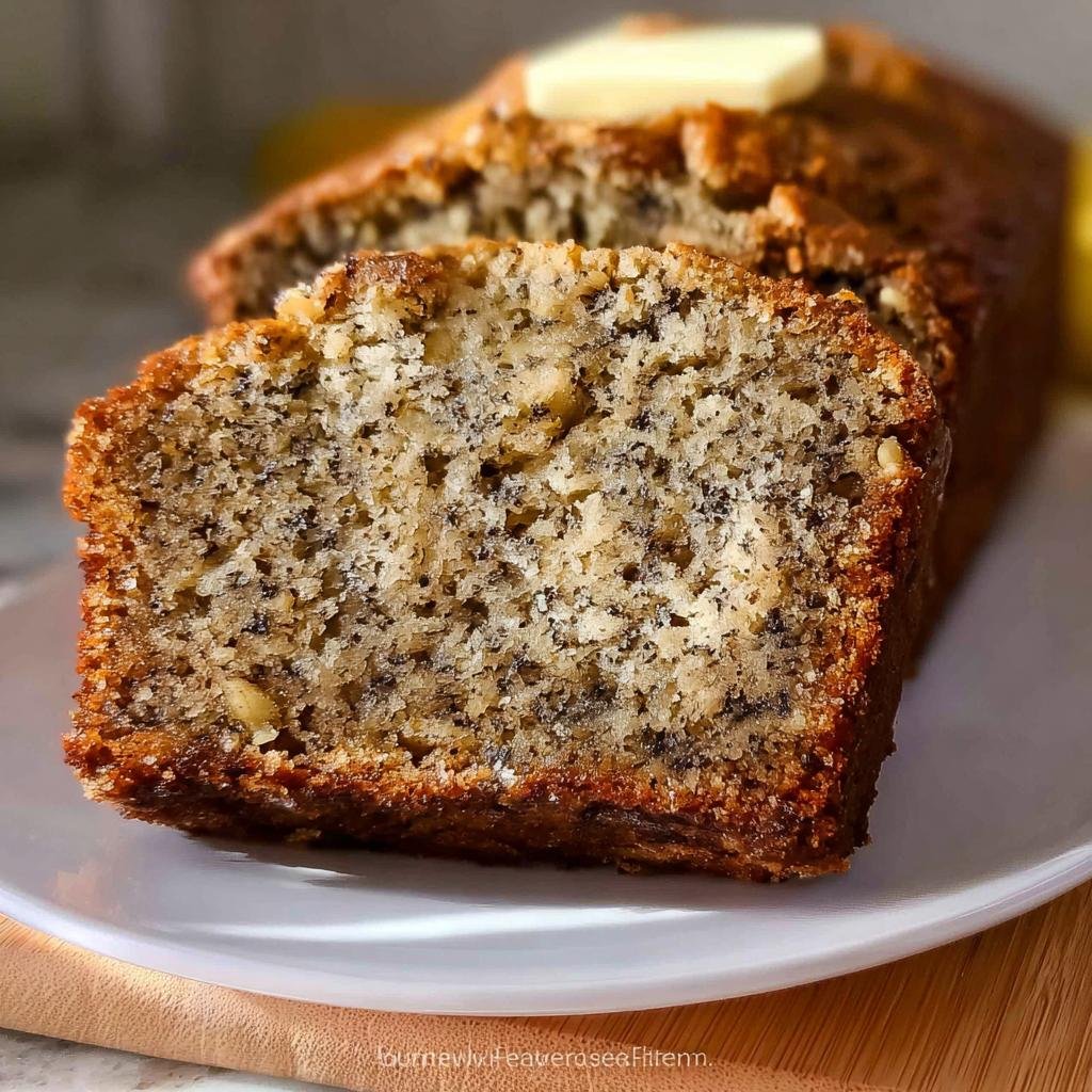 A close-up of a slice of foolproof banana bread recipe, topped with a pat of butter.