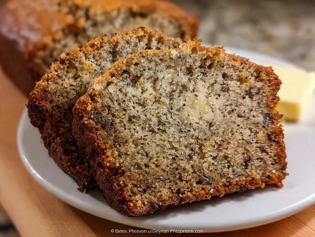 Close-up of two moist slices of foolproof banana bread recipe, served with a pat of butter.