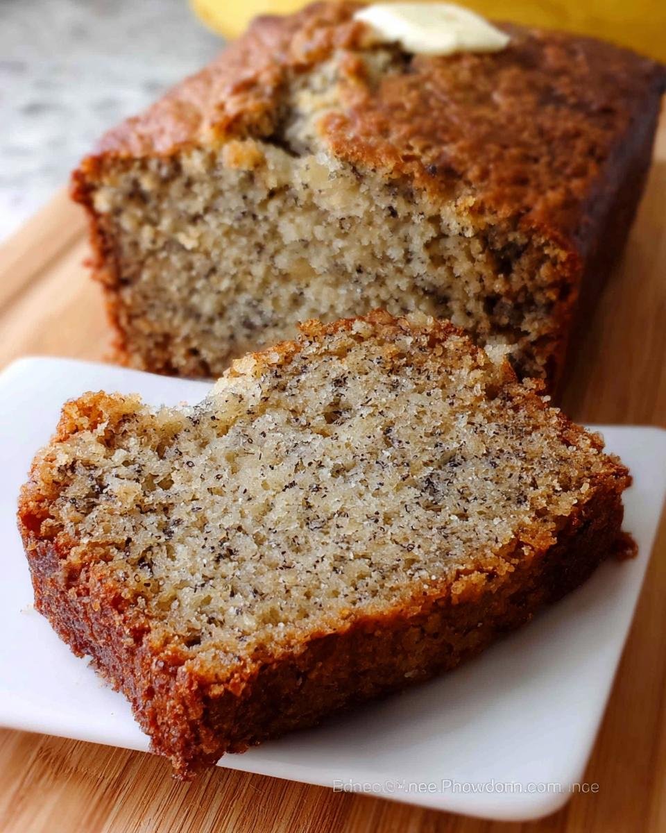 A close-up of a slice of foolproof banana bread, showing its moist texture and banana specks.