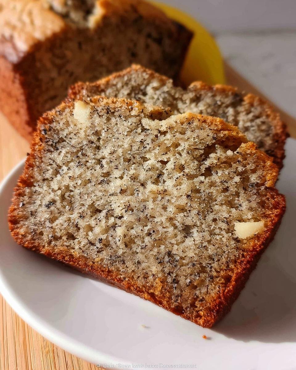Close-up of three moist slices of foolproof banana bread, showcasing its texture and banana flecks.