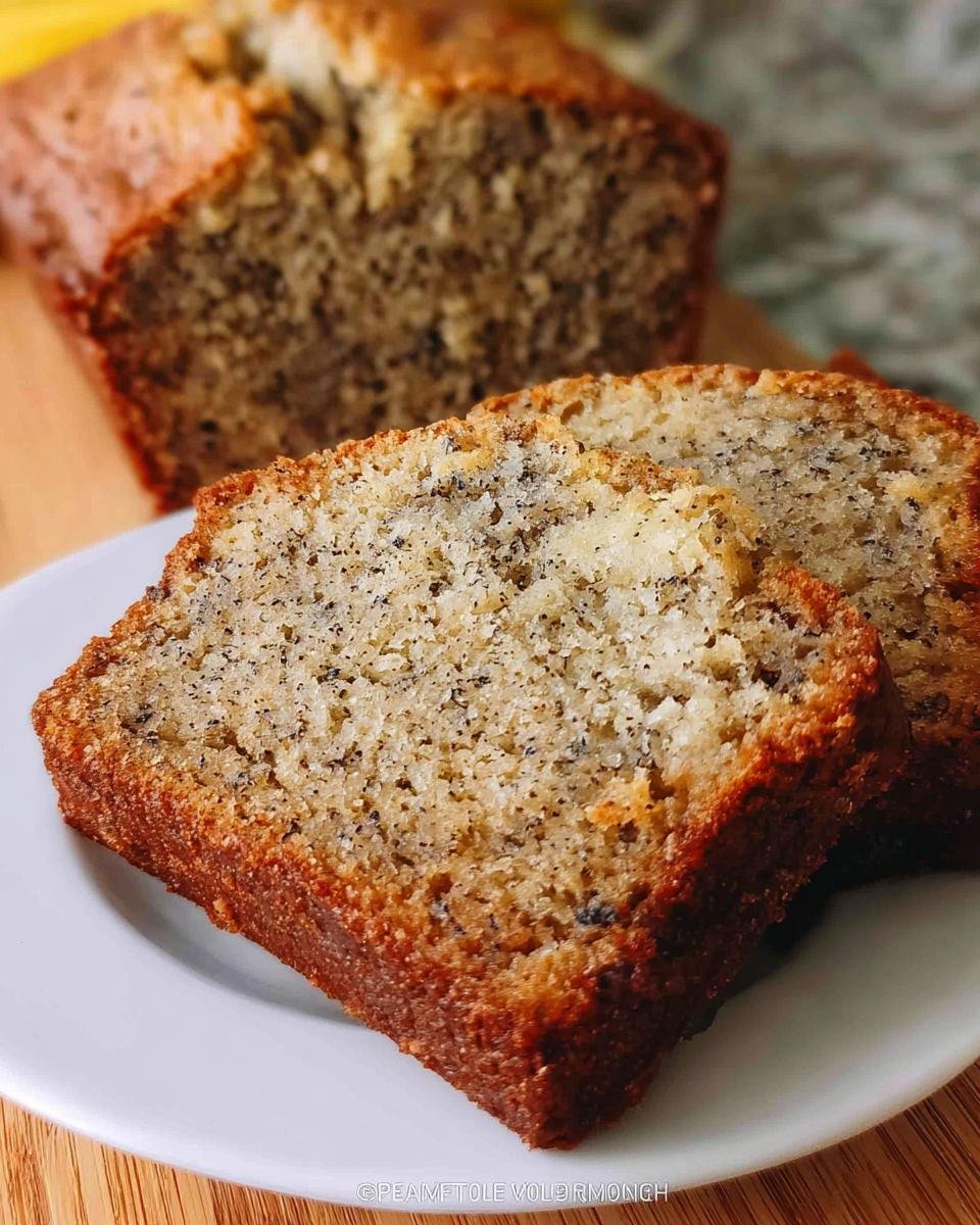 Close-up of two moist slices of foolproof banana bread on a white plate, with a loaf in the background.