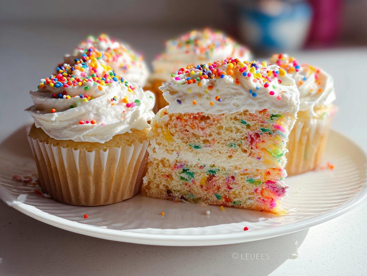 A close-up of a funfetti cupcake, cut in half, revealing colorful sprinkles inside and topped with white frosting and more sprinkles.