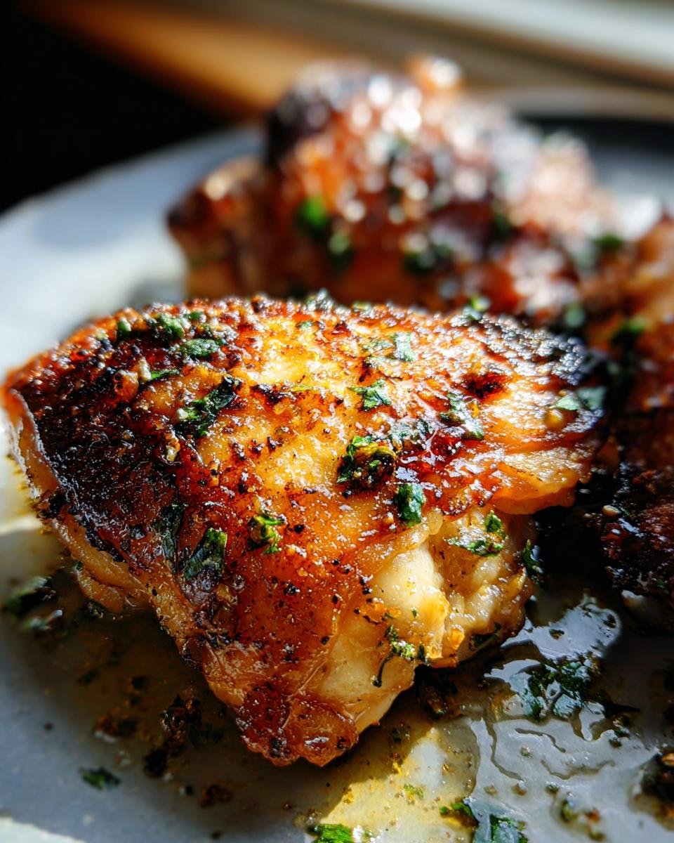 Close-up of a perfectly cooked, juicy Garlic Butter Chicken Thighs with crispy, browned skin and parsley.