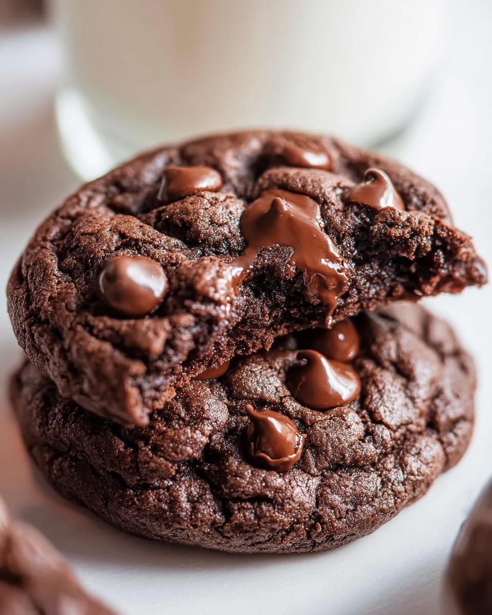 Close-up of two stacked, rich, dark chocolate Two Chip Chocolate Chip Cookies, one broken open showing gooey melted chocolate.