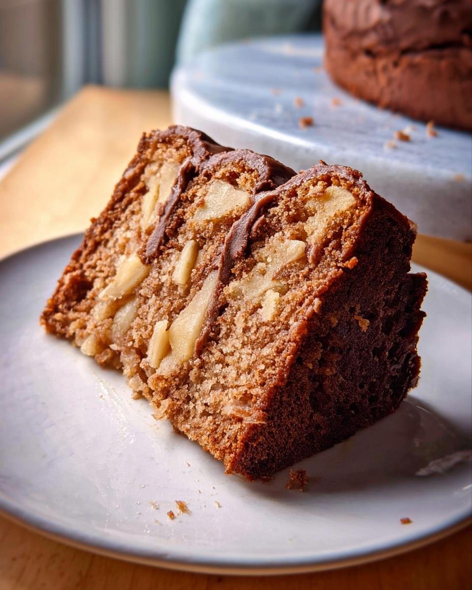 A slice of healthy cake recipe featuring chunks of apple and drizzled with chocolate frosting.