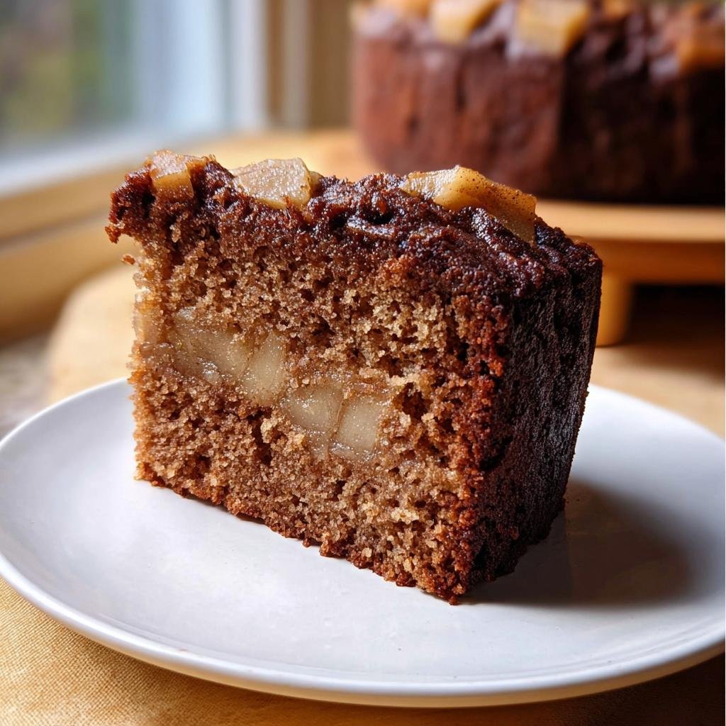 A slice of moist healthy cake recipe with visible pear pieces, topped with caramelized pear chunks.