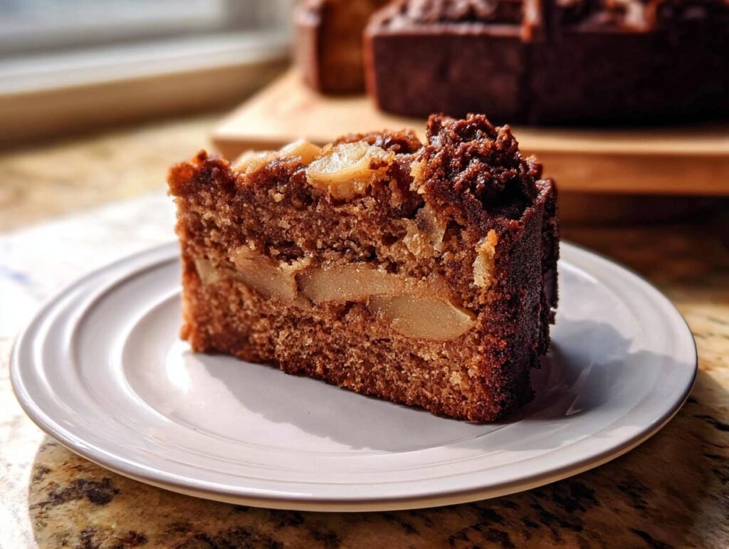 A slice of moist healthy cake recipe with visible pear chunks, served on a white plate.