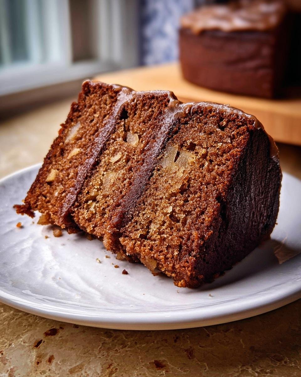 Close-up of a moist slice from a healthy cake recipe, featuring visible nuts and fruit pieces, topped with a glaze.
