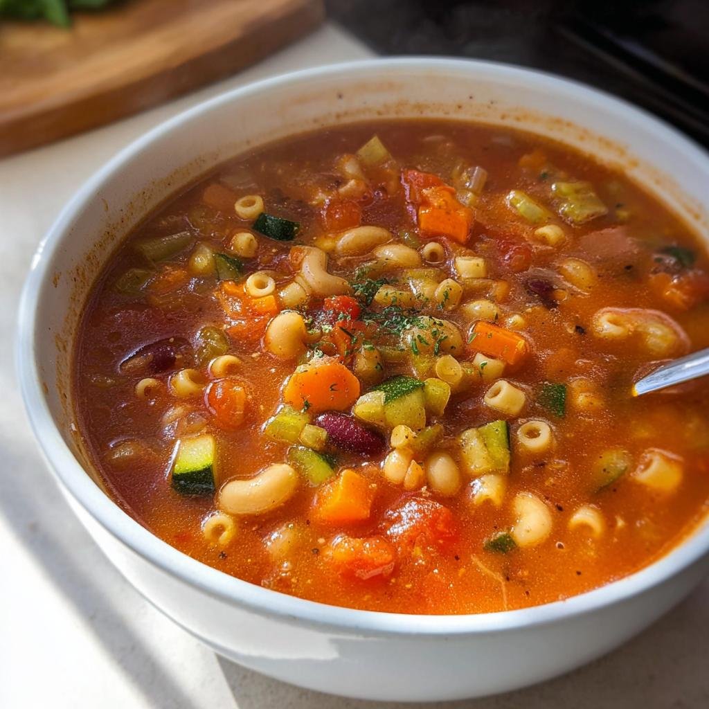 Close-up of a steaming white bowl filled with Hearty Minestrone Soup One Pot, showing vegetables, beans, and pasta.