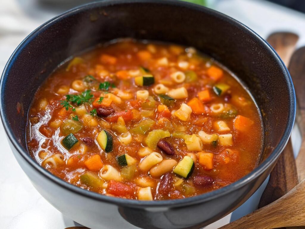Close-up of a steaming bowl filled with Hearty Minestrone Soup One Pot, showing vegetables, beans, and pasta.