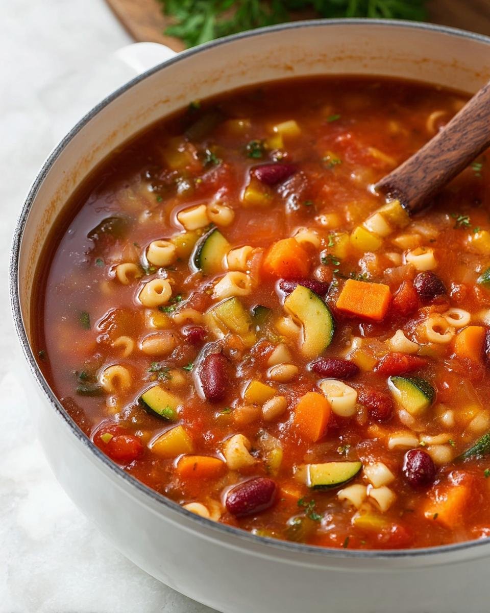 Close-up view of a white pot filled with steaming Hearty Minestrone Soup One Pot, showing vegetables, beans, and pasta.