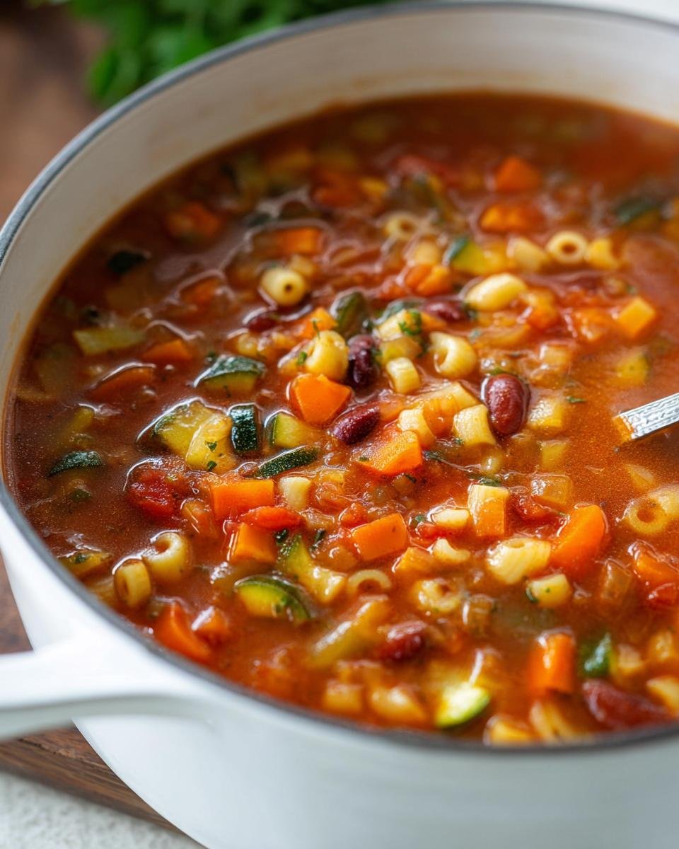 Close-up view of rich, chunky Hearty Minestrone Soup One Pot filled with vegetables, beans, and pasta in a white Dutch oven.