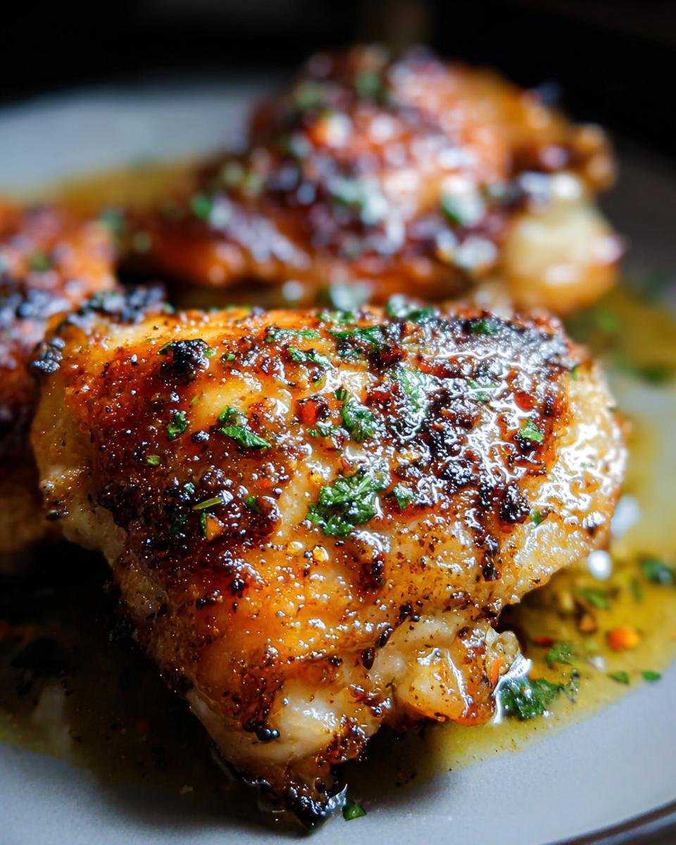 Close-up of a perfectly seared, juicy Garlic Butter Chicken Thighs piece covered in glistening butter sauce and herbs.