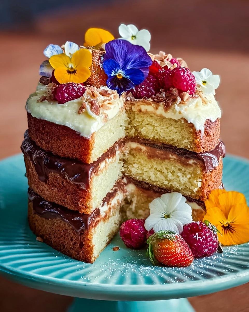 A stunning layered cake decorated with fresh berries, edible flowers, and a dusting of powdered sugar, perfect for wowing guests.