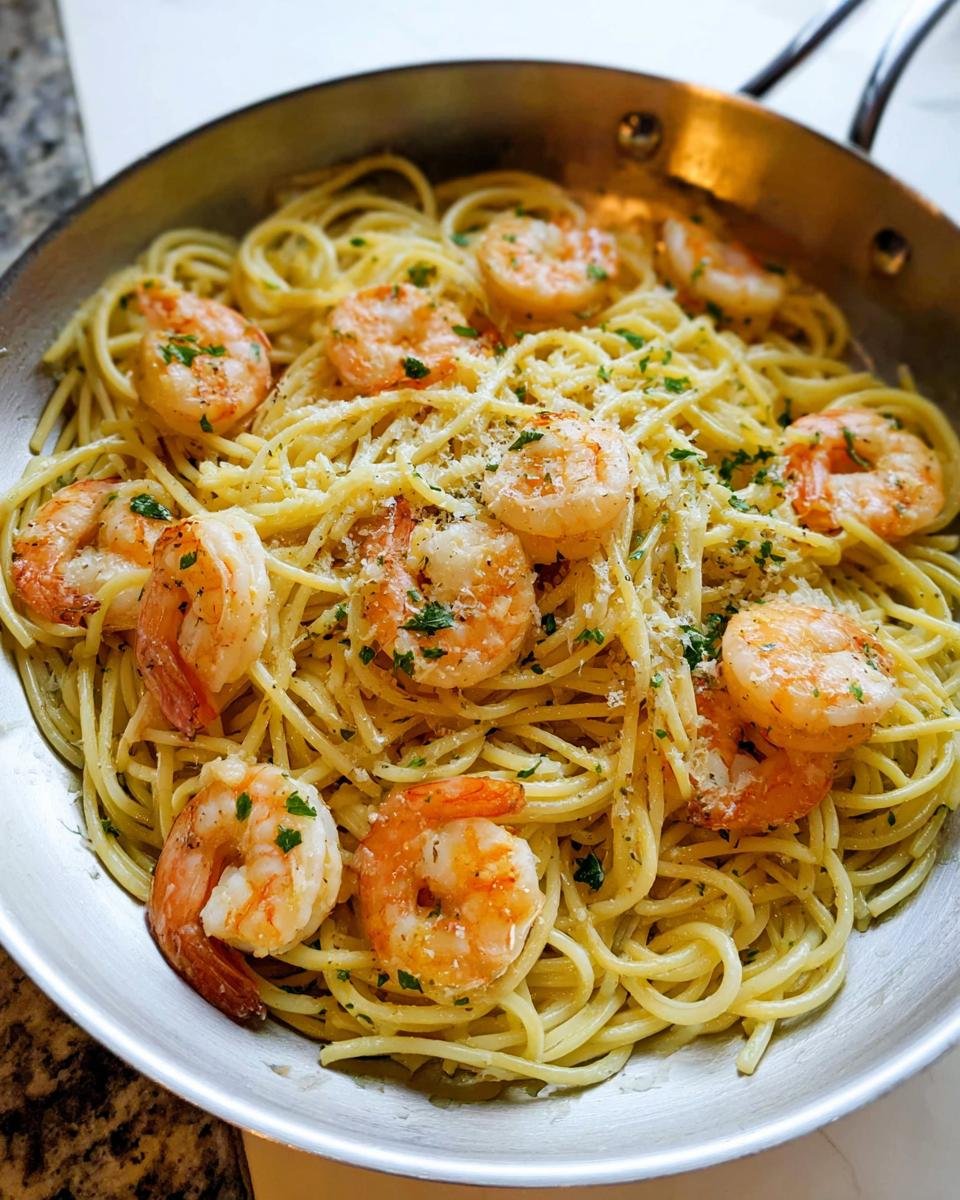 Close-up of Lemon Butter Shrimp Pasta Fast served directly in a stainless steel skillet, topped with Parmesan and parsley.