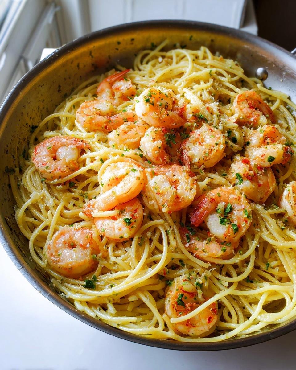 Close-up of Lemon Butter Shrimp Pasta Fast with cooked shrimp tossed in spaghetti.