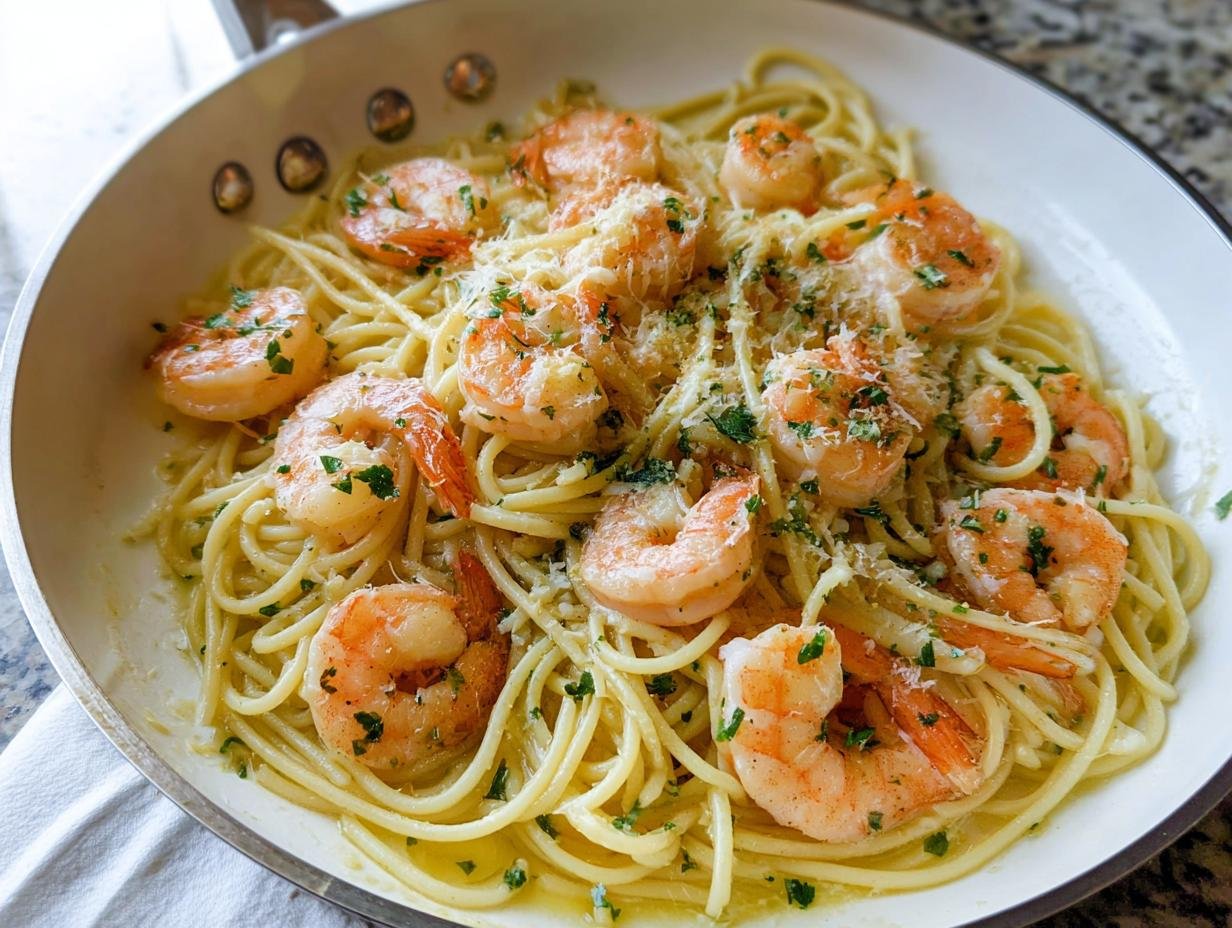 Close-up of Lemon Butter Shrimp Pasta Fast served directly in a white skillet, topped with Parmesan and parsley.