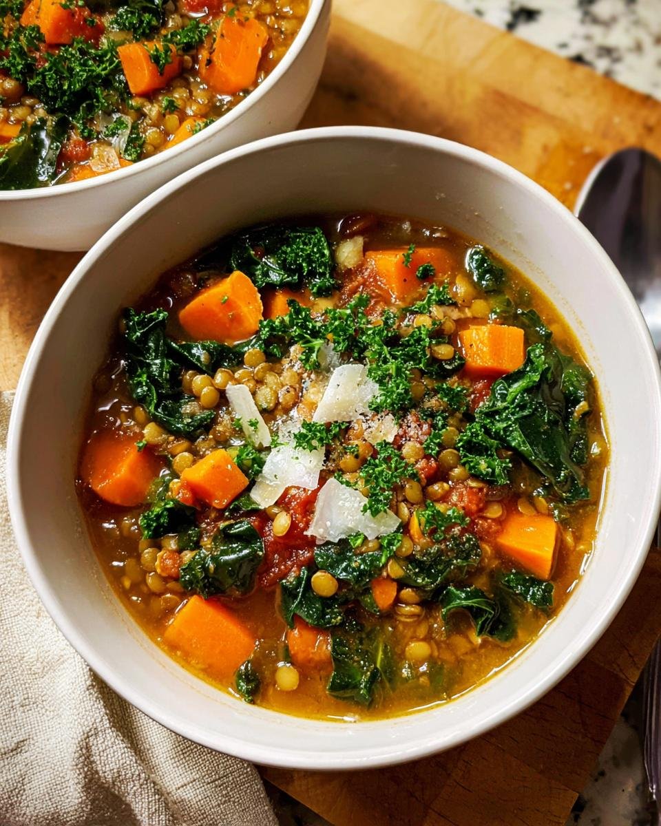 Close-up of a bowl of Lentil and Vegetable Soup Protein Packed, topped with kale and shaved cheese.