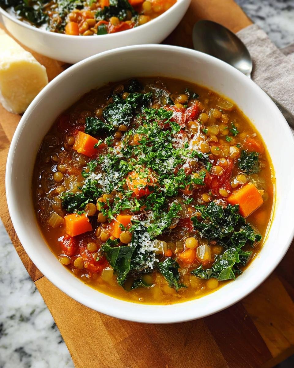 Close-up of a hearty Lentil and Vegetable Soup Protein Packed, topped with kale, diced carrots, and grated cheese.