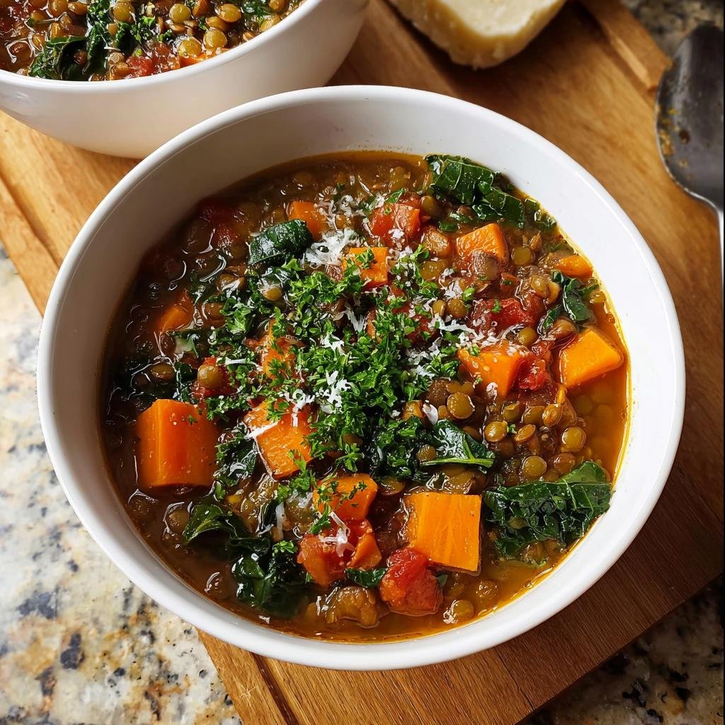 Close-up of a hearty Lentil and Vegetable Soup Protein Packed, topped with fresh parsley and grated cheese.