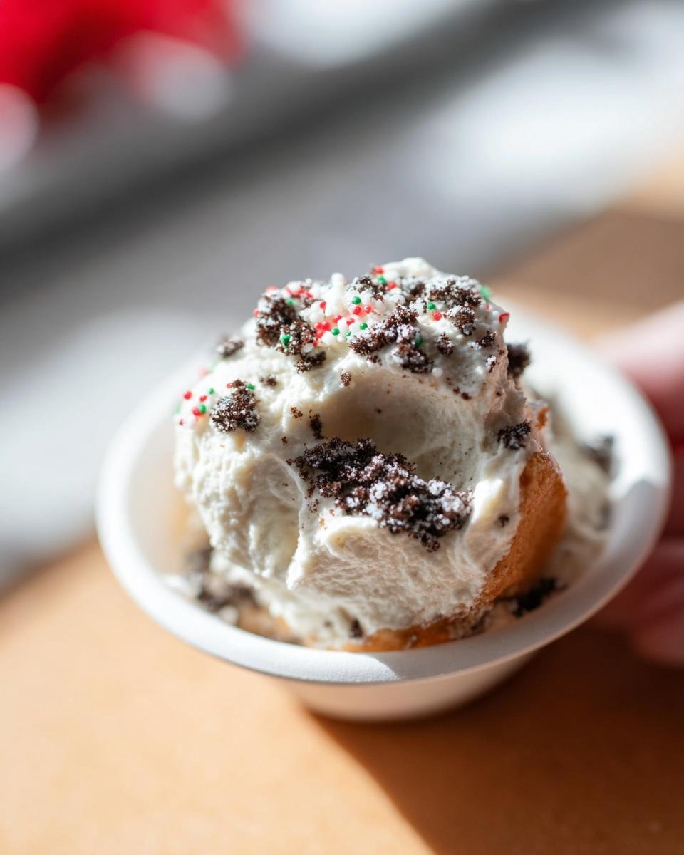 A serving of Little Debbie Cake Dip topped with ice cream, cookie crumbs, and festive sprinkles.