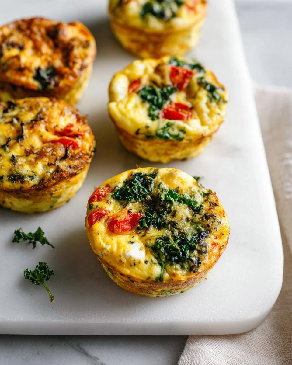 Close-up of several freshly baked Make Ahead Egg Muffins Meal Prep featuring eggs, kale, and red peppers on a white marble board.