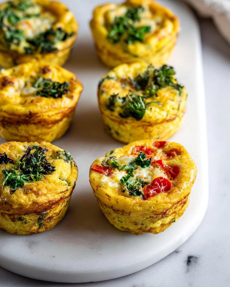 Six golden baked Make Ahead Egg Muffins Meal Prep cups topped with kale and tomatoes on a white platter.