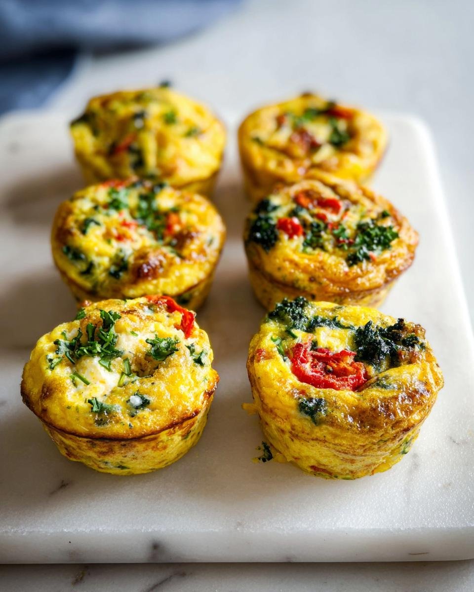 Six freshly baked vegetable egg muffins arranged on a white marble surface, perfect for Make Ahead Egg Muffins Meal Prep.