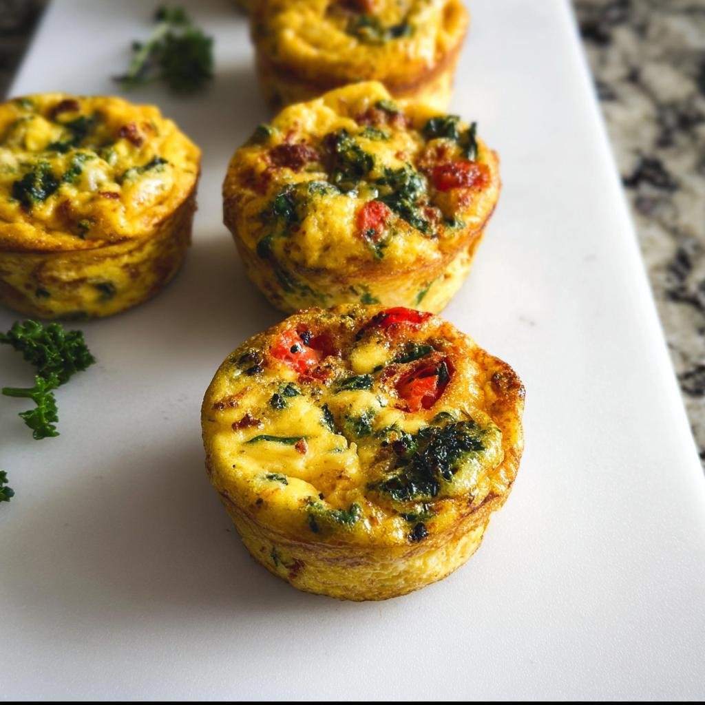 Close-up of four baked Make Ahead Egg Muffins Meal Prep with spinach and tomatoes on a white surface.