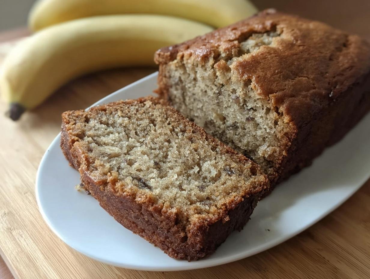 A slice of moist banana bread on a white plate, with a loaf and bananas in the background.