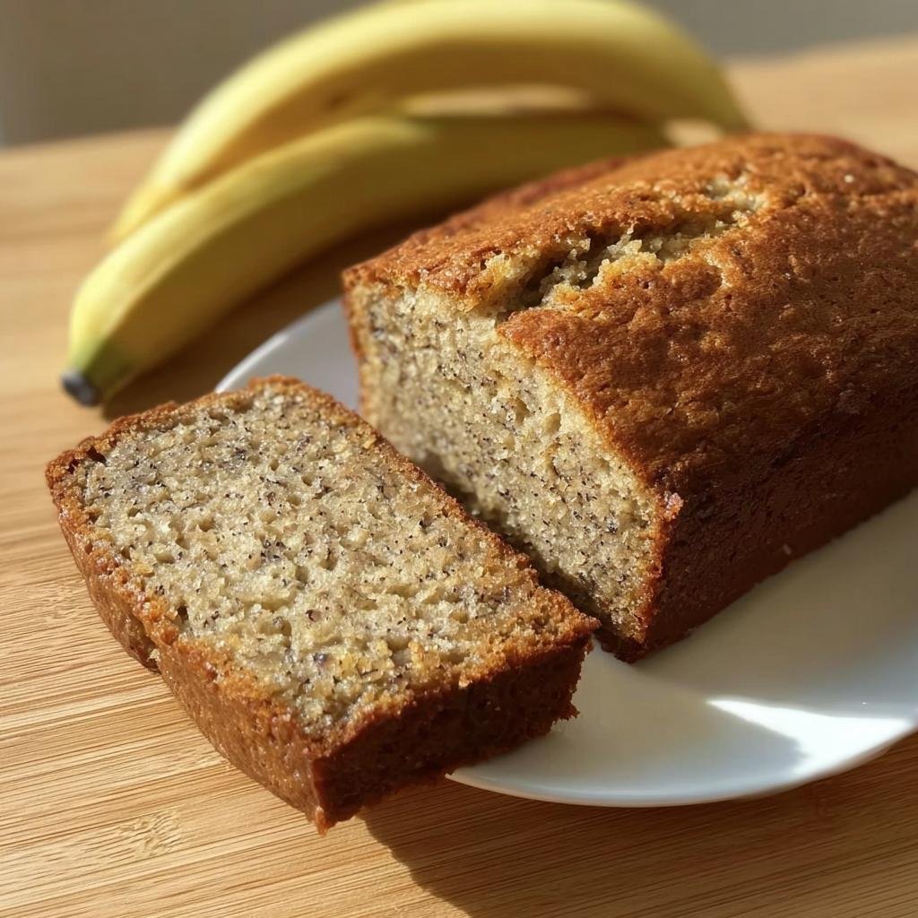 A slice of moist banana bread next to the loaf, showcasing its soft texture and banana specks. A perfect easy recipe.