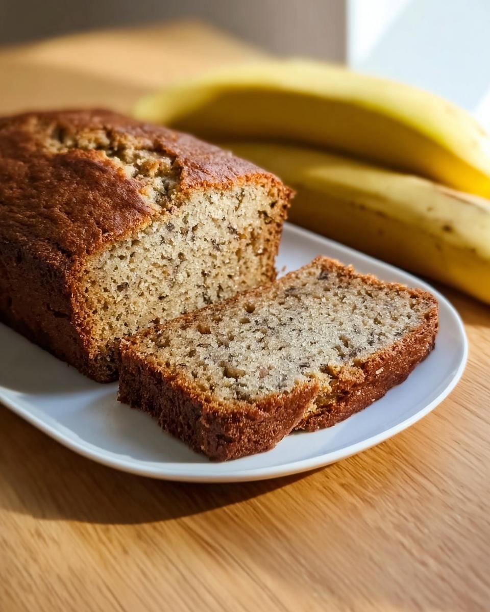 A close-up of a moist banana bread recipe loaf, with two slices cut and displayed on a white plate.