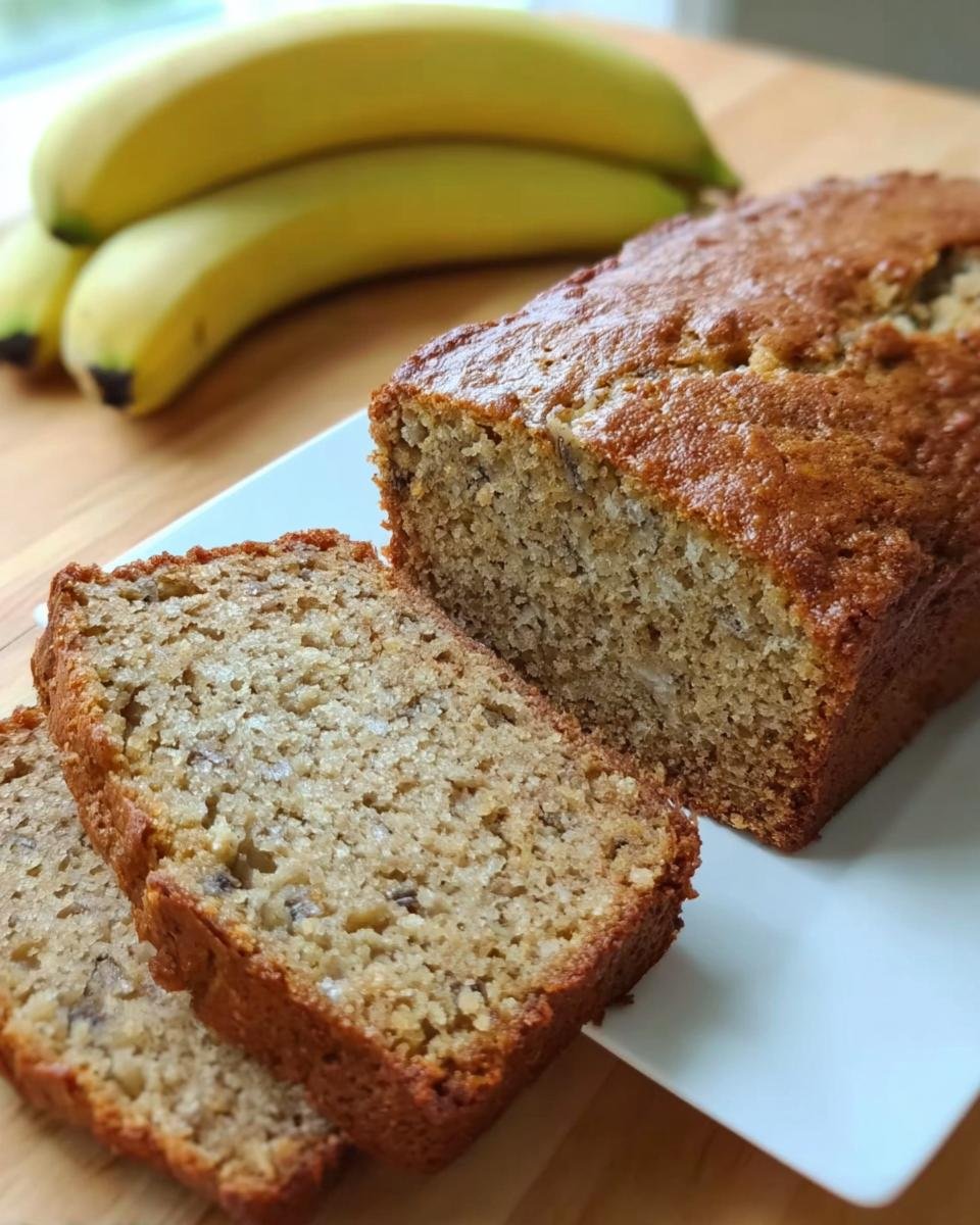 A perfectly baked, moist banana bread loaf, sliced to reveal its soft texture. Bananas are in the background.