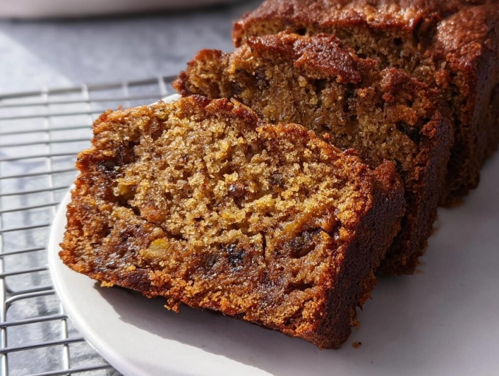 Close-up of moist banana bread recipe slices on a white plate, showing the texture and fruit pieces.