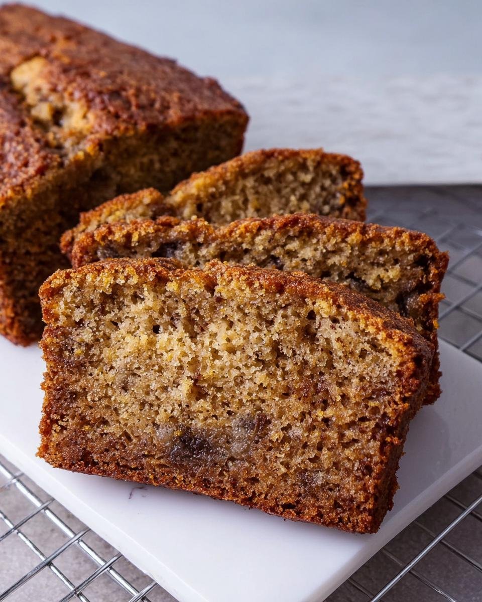 Close-up of moist banana bread recipe slices on a white board with a cooling rack.