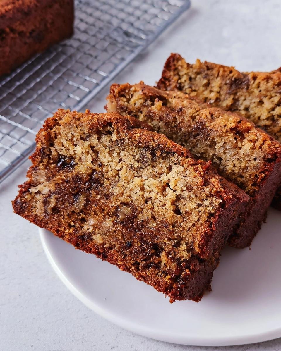 Three moist slices of banana bread on a white plate, with a cooling rack in the background.