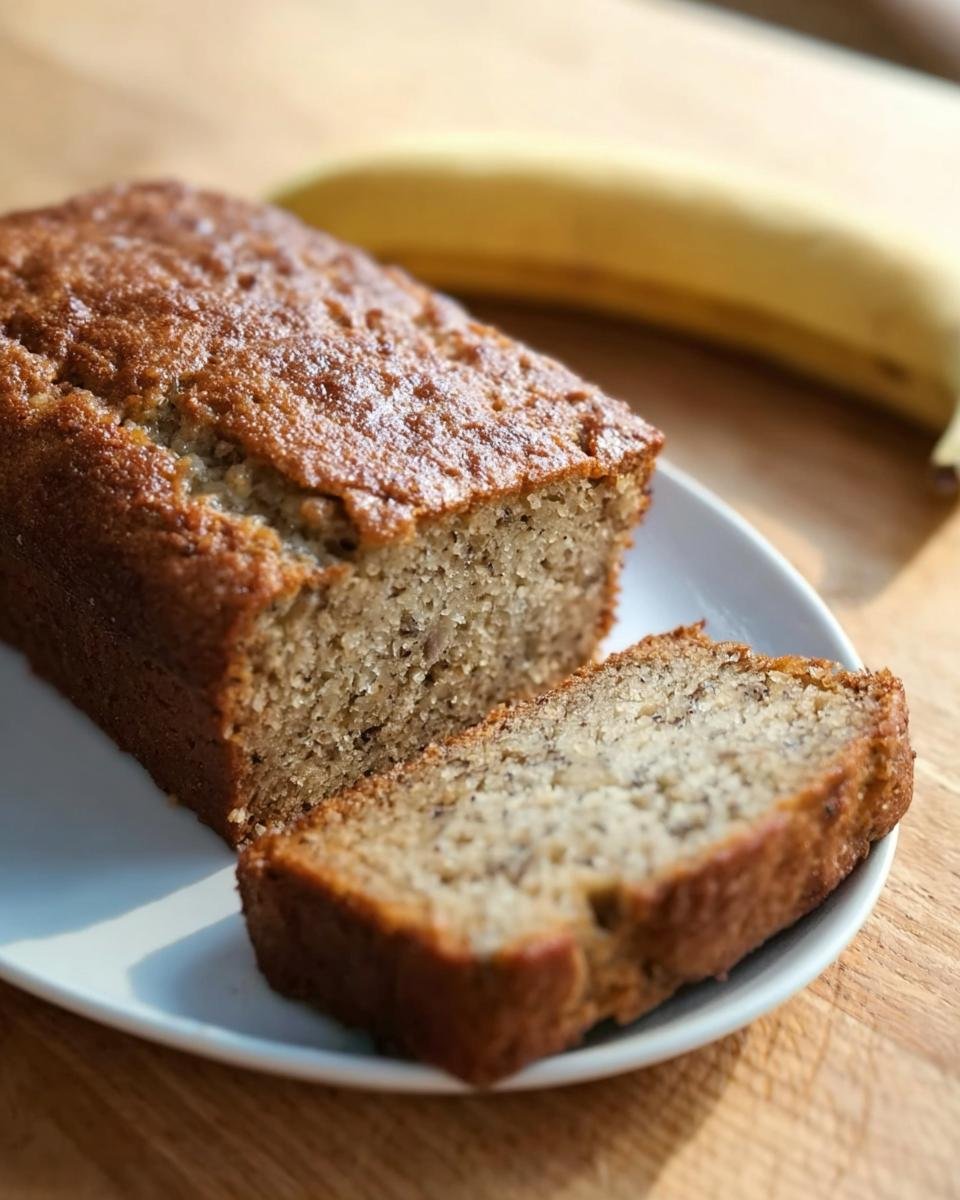 A slice of moist banana bread on a white plate, with the rest of the loaf and a banana in the background.