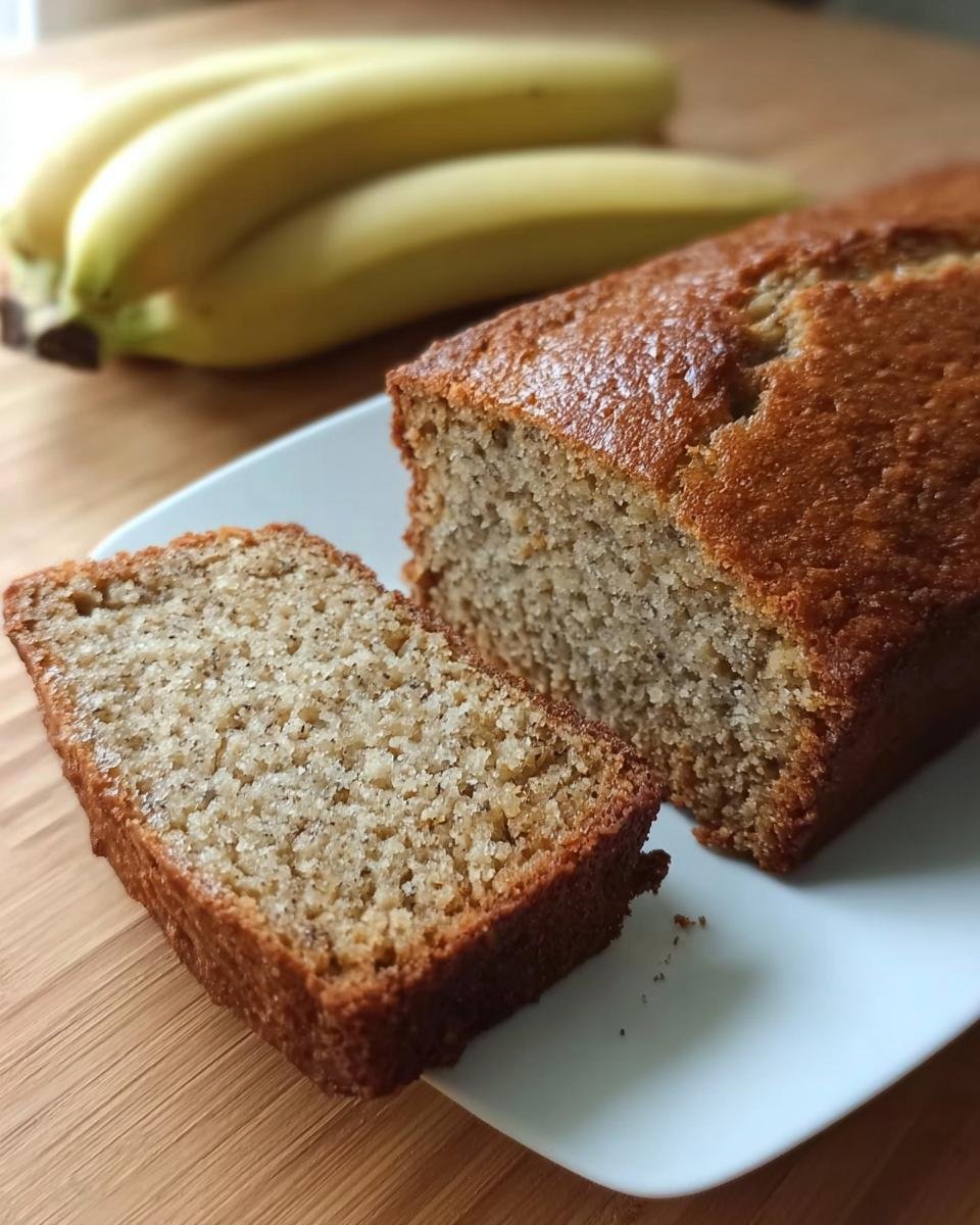 A slice of moist banana bread next to the loaf, showcasing its soft texture and delicious crumb. Bananas in the background.