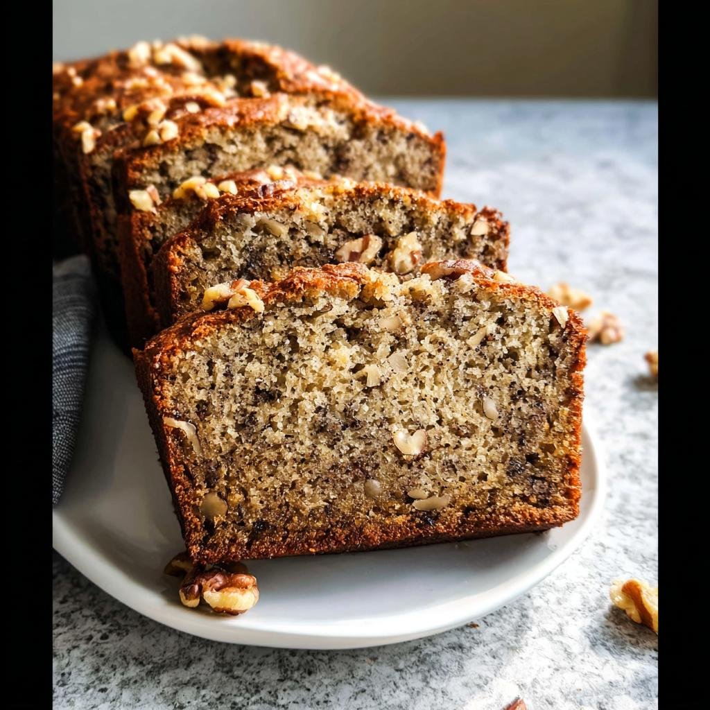 Close-up of moist banana nut bread recipe with nuts, sliced and served on a white plate.