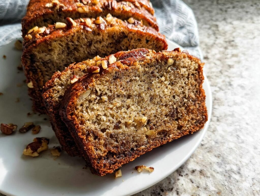 A close-up of sliced moist banana nut bread recipe with nuts, showcasing its texture and nutty topping.