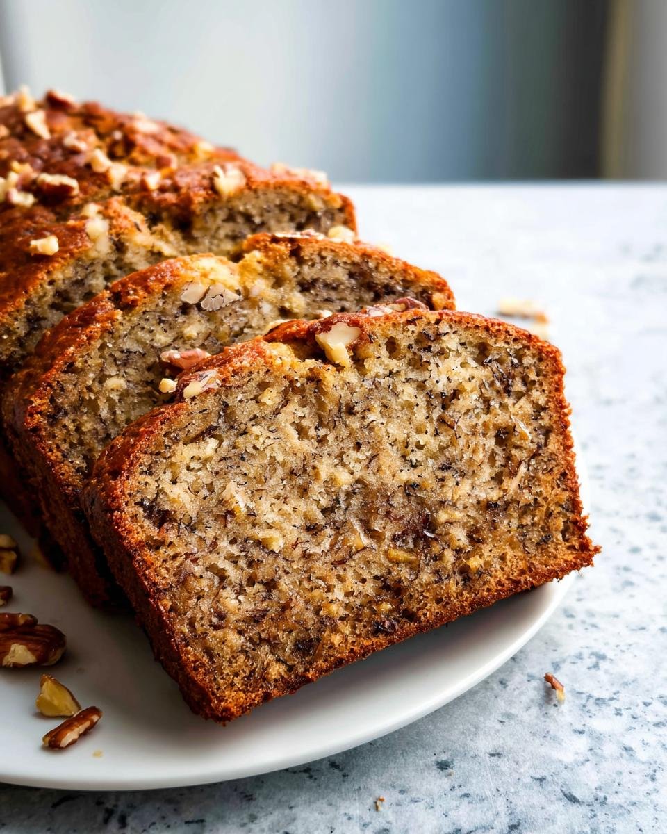 Close-up of moist banana nut bread slices with visible nuts and banana pieces, served on a white plate.