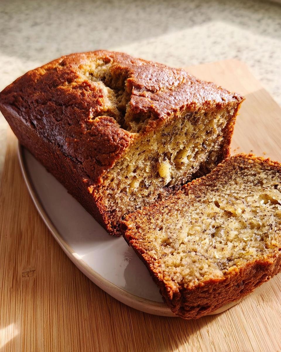 A perfectly baked loaf of moist and easy banana bread, with one slice cut and resting on a plate.