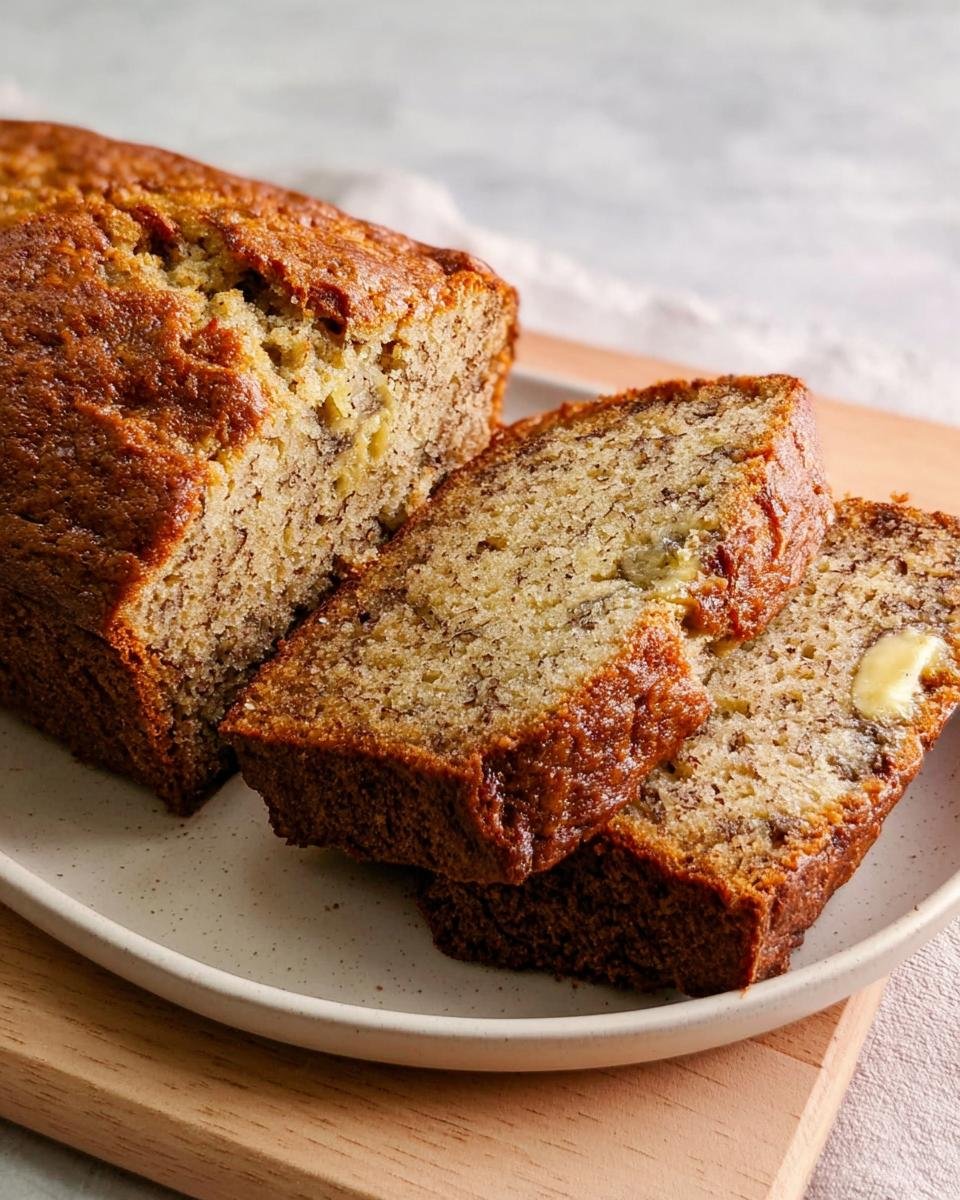 A slice of moist and easy banana bread with a pat of butter on top, ready to be enjoyed.
