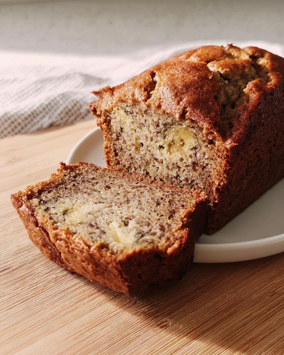 A close-up of a slice of moist and easy banana bread, showing visible banana pieces and a golden-brown crust.