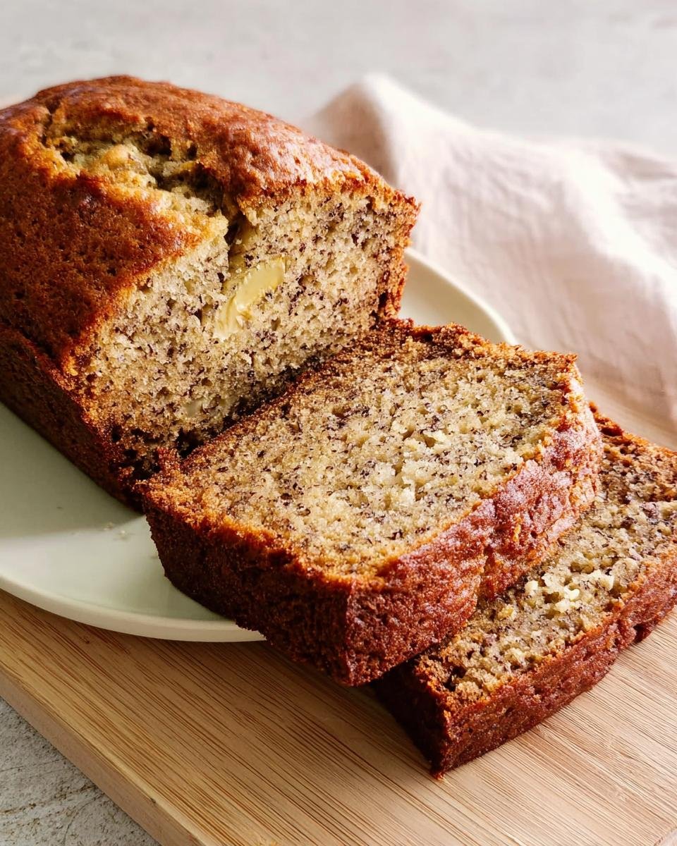 Close-up of moist and easy banana bread, with slices showing a tender crumb and banana chunks.