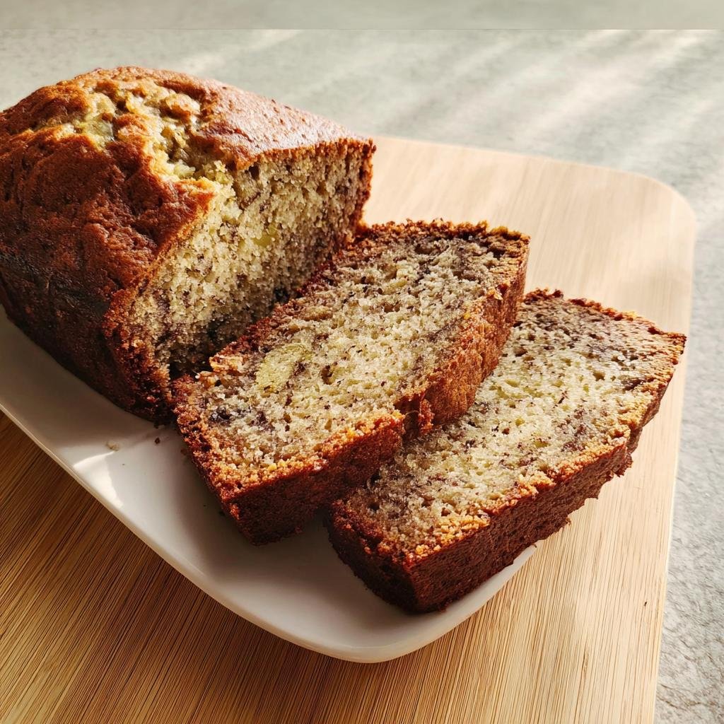 Close-up of moist and easy banana bread, with three slices cut and arranged on a white plate.