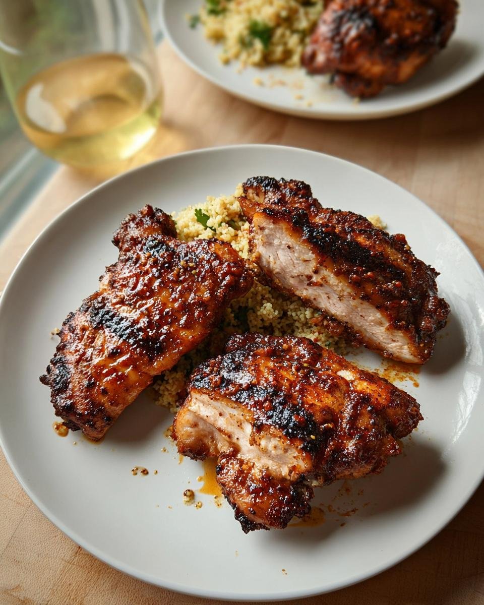 Three pieces of glazed Moroccan Spiced Chicken Thighs served over couscous on a white plate.