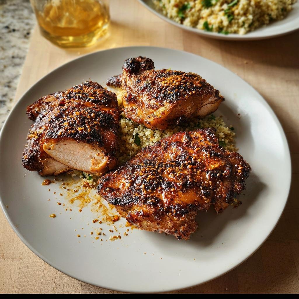Three pieces of richly seasoned Moroccan Spiced Chicken Thighs served over a bed of couscous on a light plate.